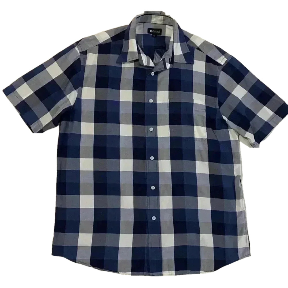 HAGGAR men’s casual work short sleeve polo  dress shirt in white-blue checkered